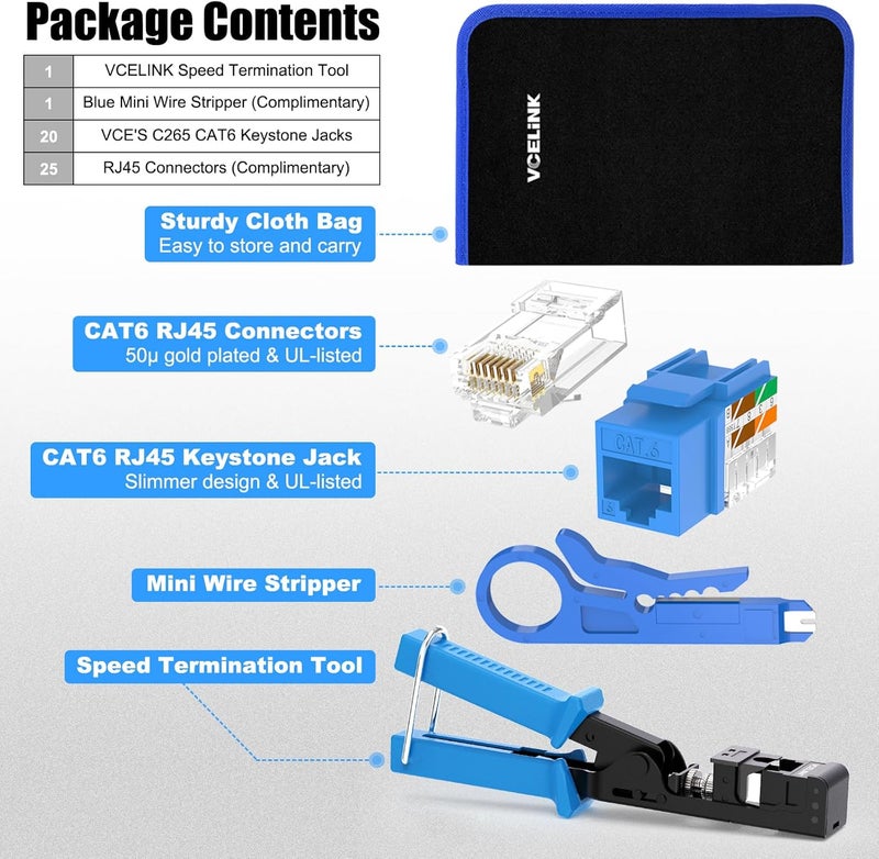 VCELINK Speed Termination Tool for VCE 90-Degree Keystone Jacks Punch Down Network Tool Kit with 20-Pack CAT6 Keystone Jacks UL-Listed Blue, 25-Pack RJ45 Connectors, 1-Pack Mini Wire Stripper - Image 3